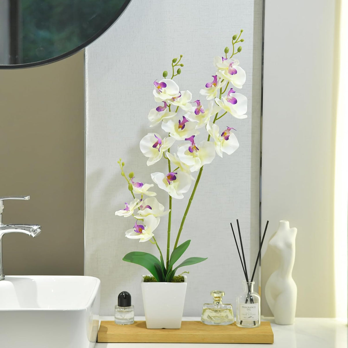 15" Silk Phalaenopsis Orchid in Square Pot, Orange Flower Plant Arrangement