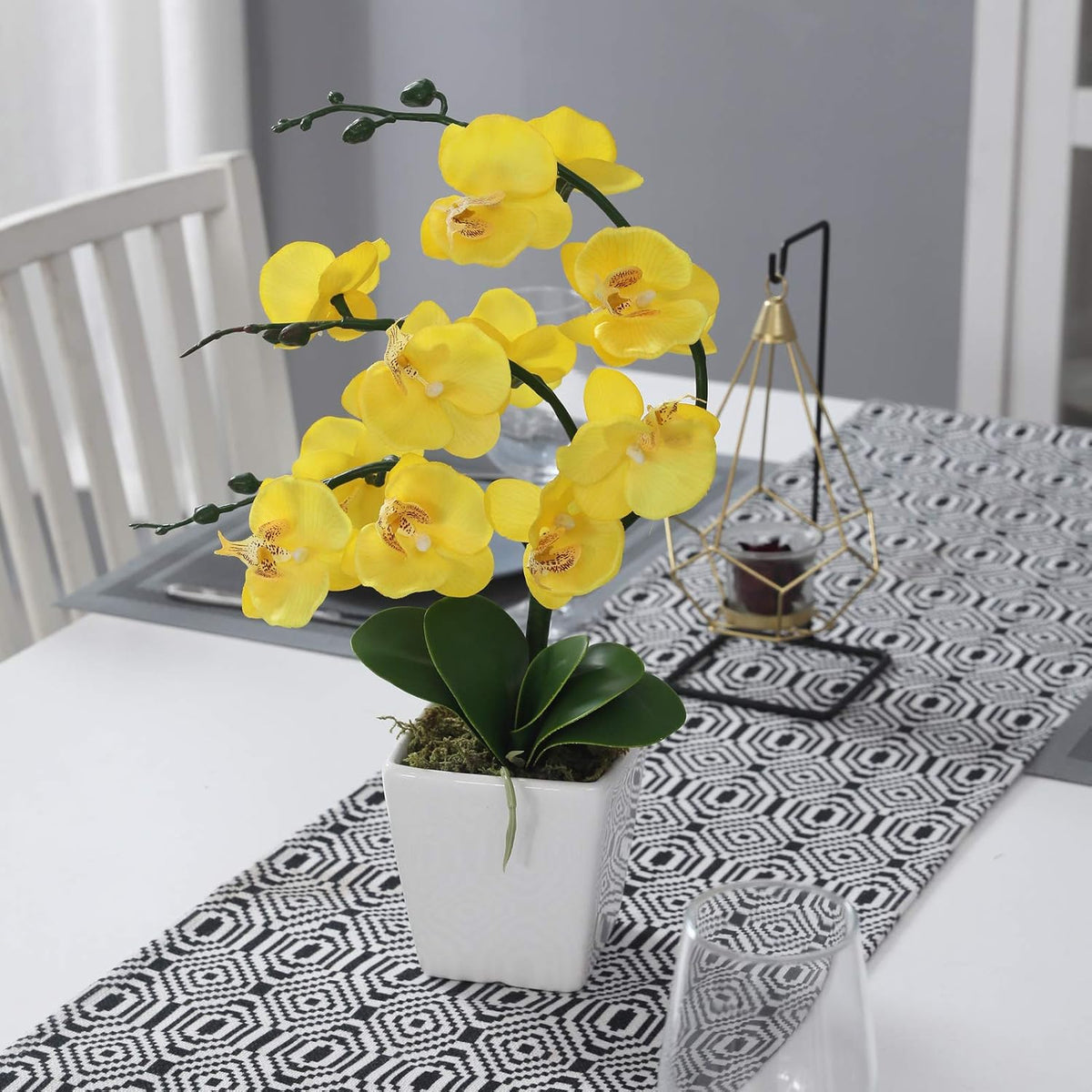 15" Silk Phalaenopsis Orchid in Square Pot, Orange Flower Plant Arrangement