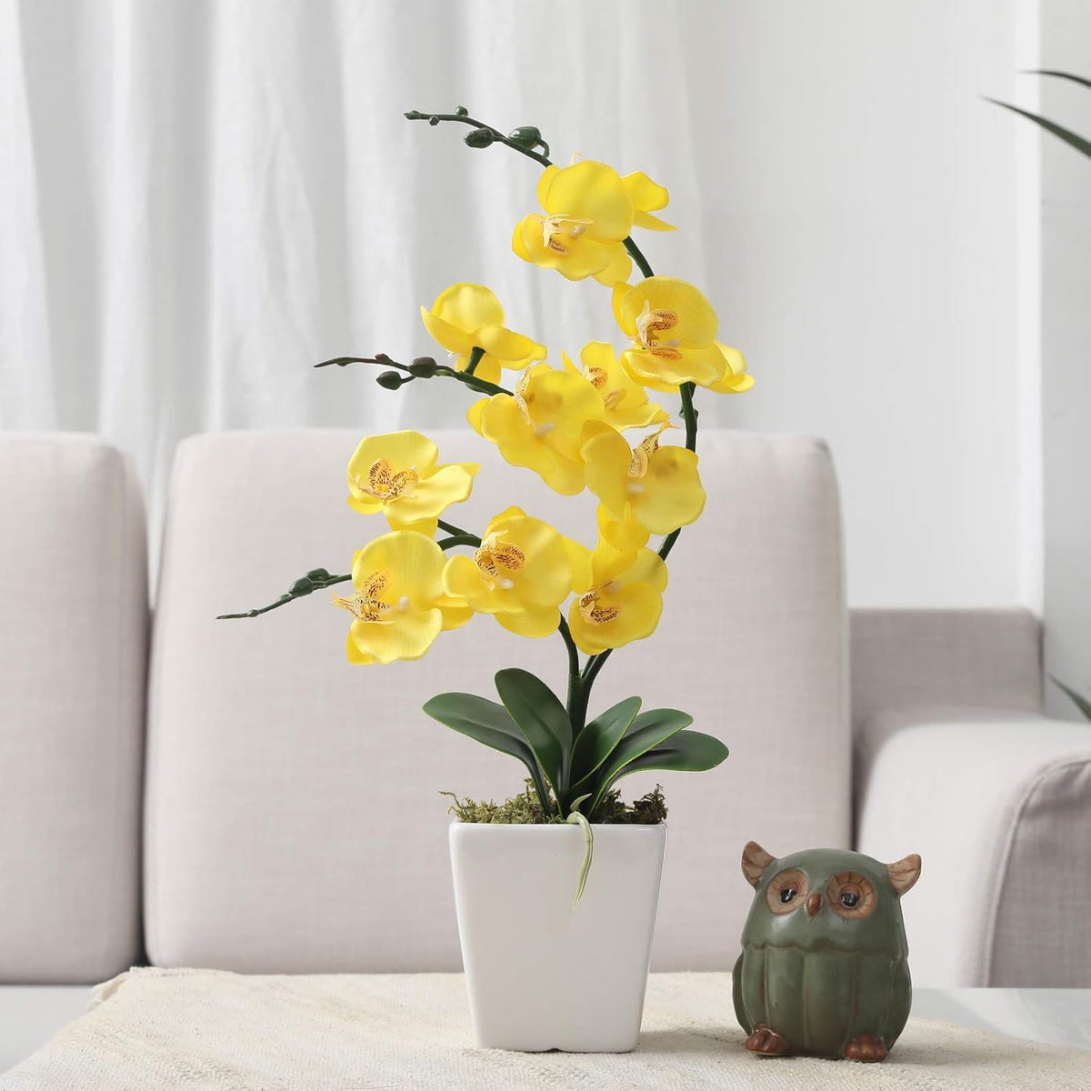 15" Silk Phalaenopsis Orchid in Square Pot, Orange Flower Plant Arrangement