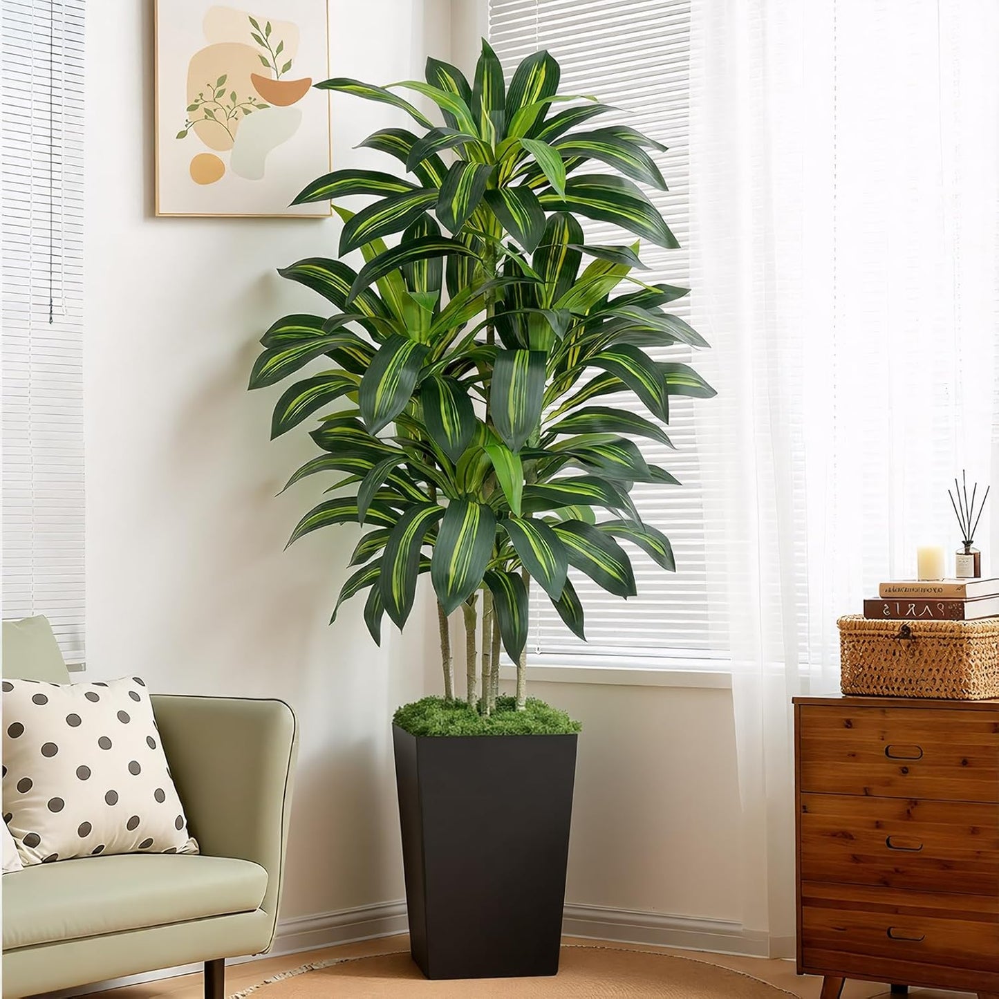 5FT Artificial Dracaena Tree - High-Density Foliage Fake Plant with White Tall Planter - Faux Yucca Floor Plant for Home Office Decor Indoor