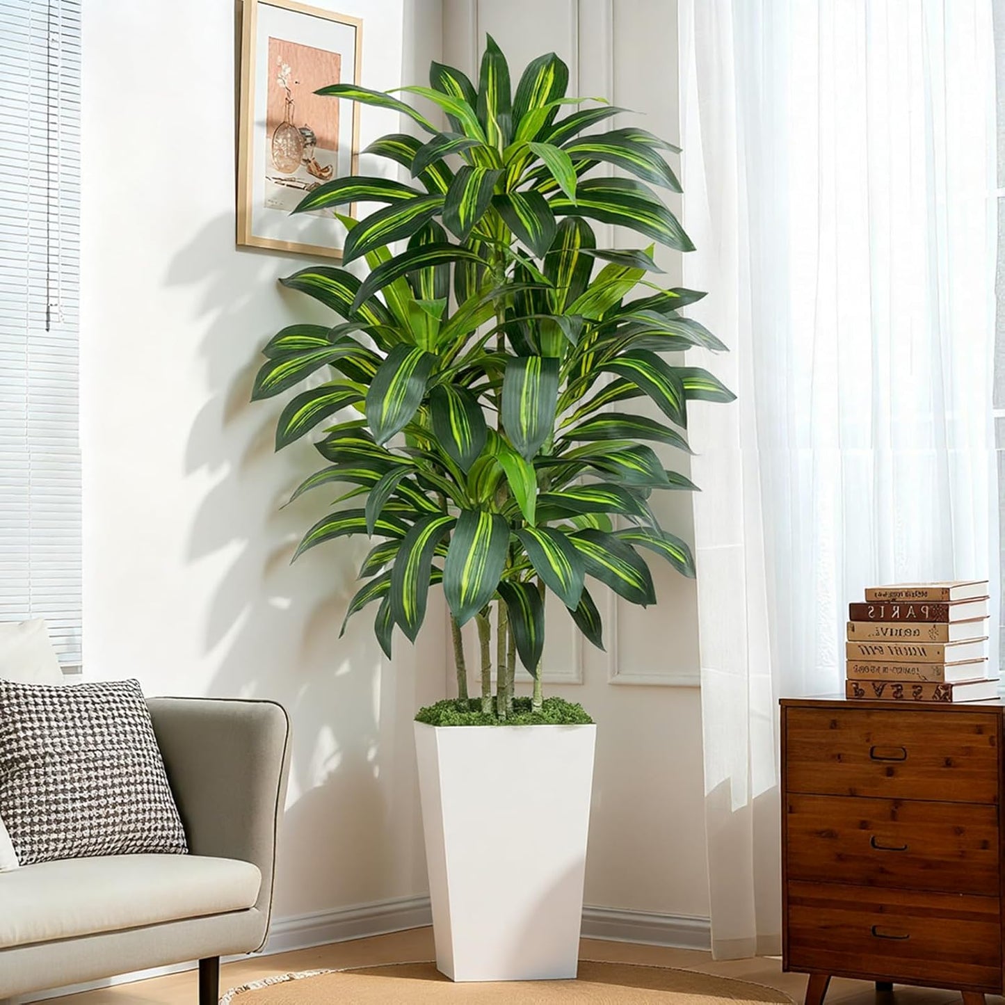 5FT Artificial Dracaena Tree - High-Density Foliage Fake Plant with White Tall Planter - Faux Yucca Floor Plant for Home Office Decor Indoor