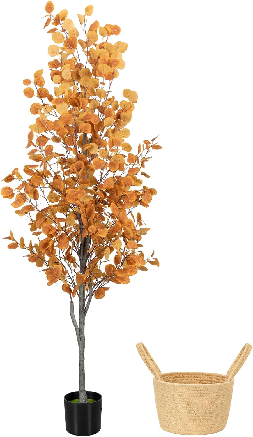 6FT Fall Artificial Eucalyptus Tree with Wicker Basket, Orange Potted Faux Eucalyptus Trees, Autumn Fake Eucalyptus Plants, Lifelike Leaves & Natural Trunk for Home Office Bedroom, Indoor