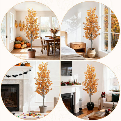 6FT Fall Artificial Eucalyptus Tree with Wicker Basket, Orange Potted Faux Eucalyptus Trees, Autumn Fake Eucalyptus Plants, Lifelike Leaves & Natural Trunk for Home Office Bedroom, Indoor