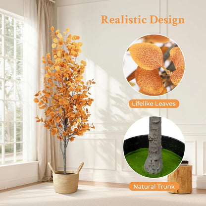 6FT Fall Artificial Eucalyptus Tree with Wicker Basket, Orange Potted Faux Eucalyptus Trees, Autumn Fake Eucalyptus Plants, Lifelike Leaves & Natural Trunk for Home Office Bedroom, Indoor