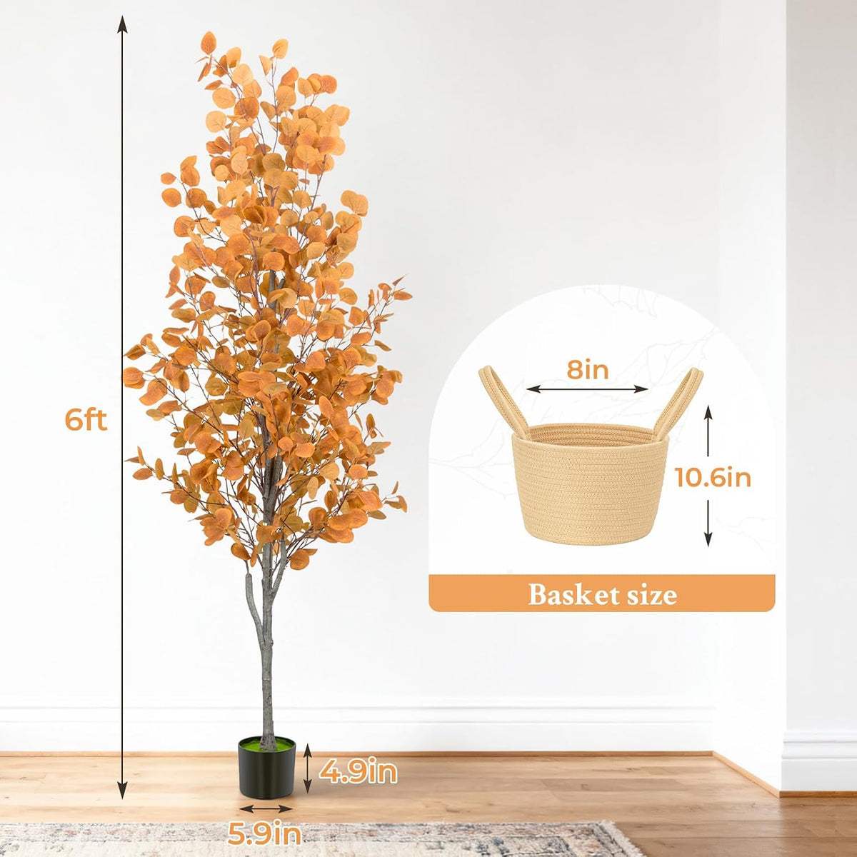 6FT Fall Artificial Eucalyptus Tree with Wicker Basket, Orange Potted Faux Eucalyptus Trees, Autumn Fake Eucalyptus Plants, Lifelike Leaves & Natural Trunk for Home Office Bedroom, Indoor