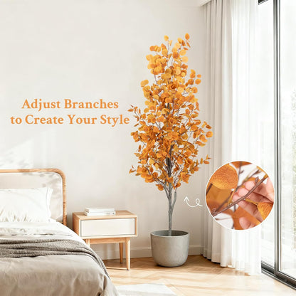 6FT Fall Artificial Eucalyptus Tree with Wicker Basket, Orange Potted Faux Eucalyptus Trees, Autumn Fake Eucalyptus Plants, Lifelike Leaves & Natural Trunk for Home Office Bedroom, Indoor