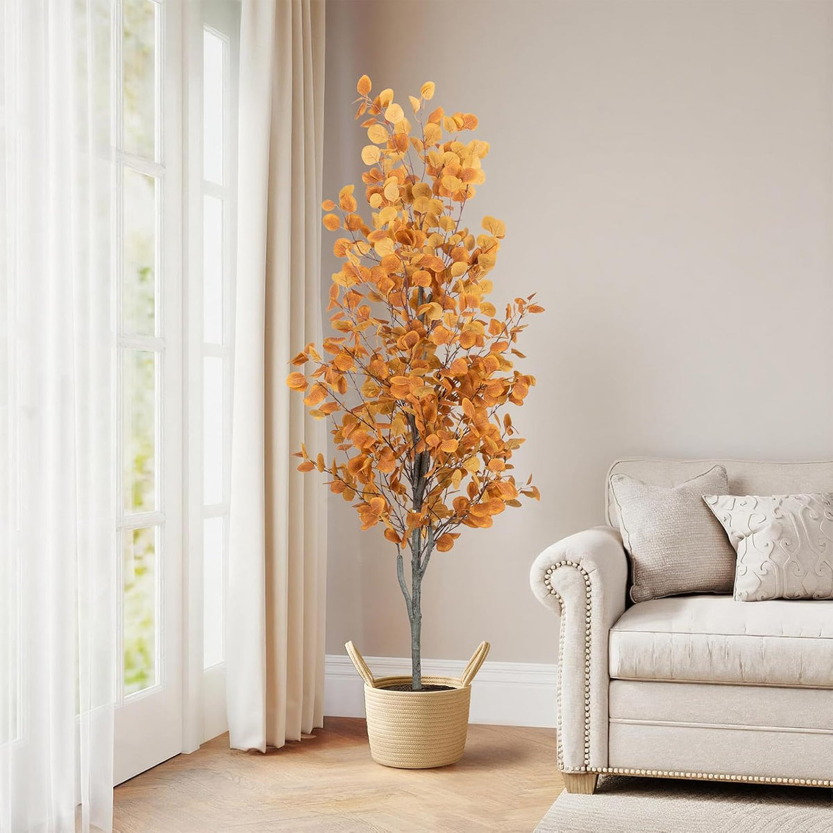 6FT Fall Artificial Eucalyptus Tree with Wicker Basket, Orange Potted Faux Eucalyptus Trees, Autumn Fake Eucalyptus Plants, Lifelike Leaves & Natural Trunk for Home Office Bedroom, Indoor