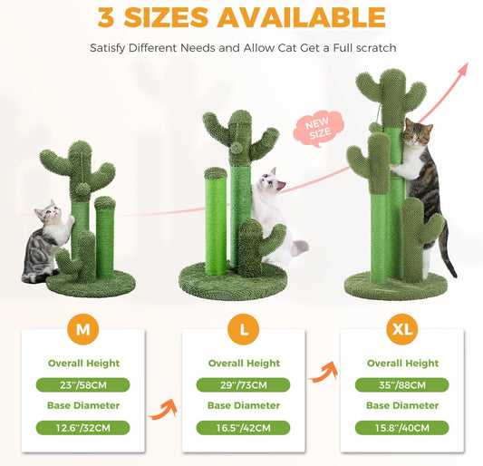 Cactus Cat Scratching Post 35”Cat Scratcher with Toy Ball | Cactus Cat tree with 3 Sisal & Carpet Scratching Posts, Soft Carpet Base & Top, Interactive Ball for Adult and Indoor Cats