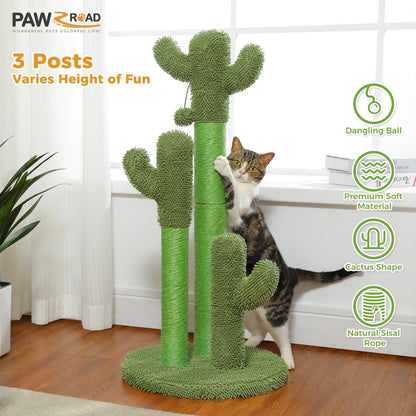 Cactus Cat Scratching Post 35”Cat Scratcher with Toy Ball | Cactus Cat tree with 3 Sisal & Carpet Scratching Posts, Soft Carpet Base & Top, Interactive Ball for Adult and Indoor Cats