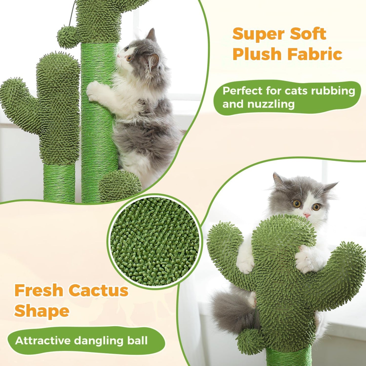 Cactus Cat Scratching Post 35”Cat Scratcher with Toy Ball | Cactus Cat tree with 3 Sisal & Carpet Scratching Posts, Soft Carpet Base & Top, Interactive Ball for Adult and Indoor Cats