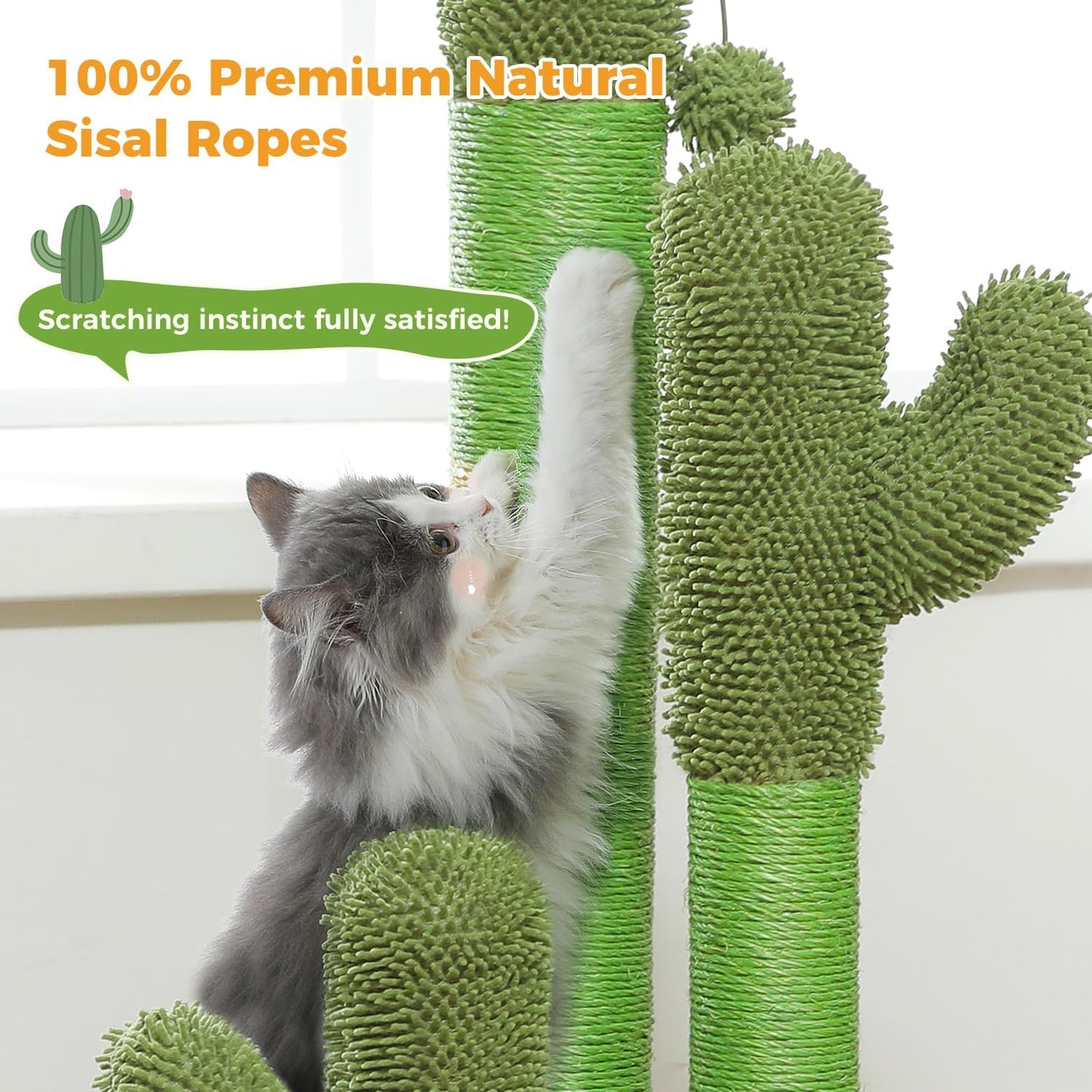 Cactus Cat Scratching Post 35”Cat Scratcher with Toy Ball | Cactus Cat tree with 3 Sisal & Carpet Scratching Posts, Soft Carpet Base & Top, Interactive Ball for Adult and Indoor Cats