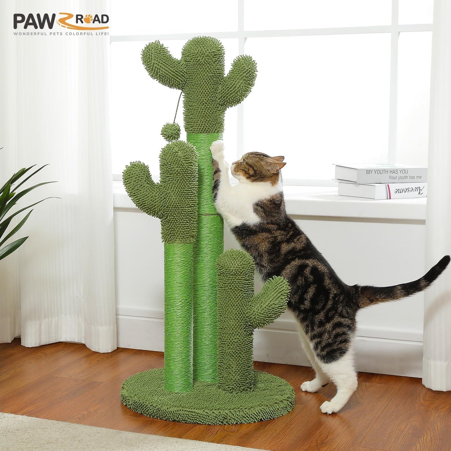 Cactus Cat Scratching Post 35”Cat Scratcher with Toy Ball | Cactus Cat tree with 3 Sisal & Carpet Scratching Posts, Soft Carpet Base & Top, Interactive Ball for Adult and Indoor Cats
