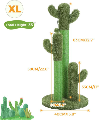 Cactus Cat Scratching Post 35”Cat Scratcher with Toy Ball | Cactus Cat tree with 3 Sisal & Carpet Scratching Posts, Soft Carpet Base & Top, Interactive Ball for Adult and Indoor Cats