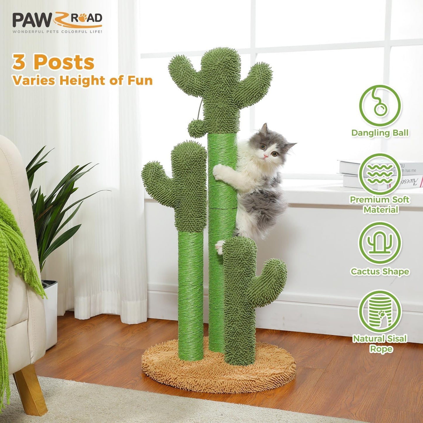 Cactus Cat Scratching Post 35”Cat Scratcher with Toy Ball | Cactus Cat tree with 3 Sisal & Carpet Scratching Posts, Soft Carpet Base & Top, Interactive Ball for Adult and Indoor Cats