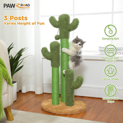 Cactus Cat Scratching Post 35”Cat Scratcher with Toy Ball | Cactus Cat tree with 3 Sisal & Carpet Scratching Posts, Soft Carpet Base & Top, Interactive Ball for Adult and Indoor Cats
