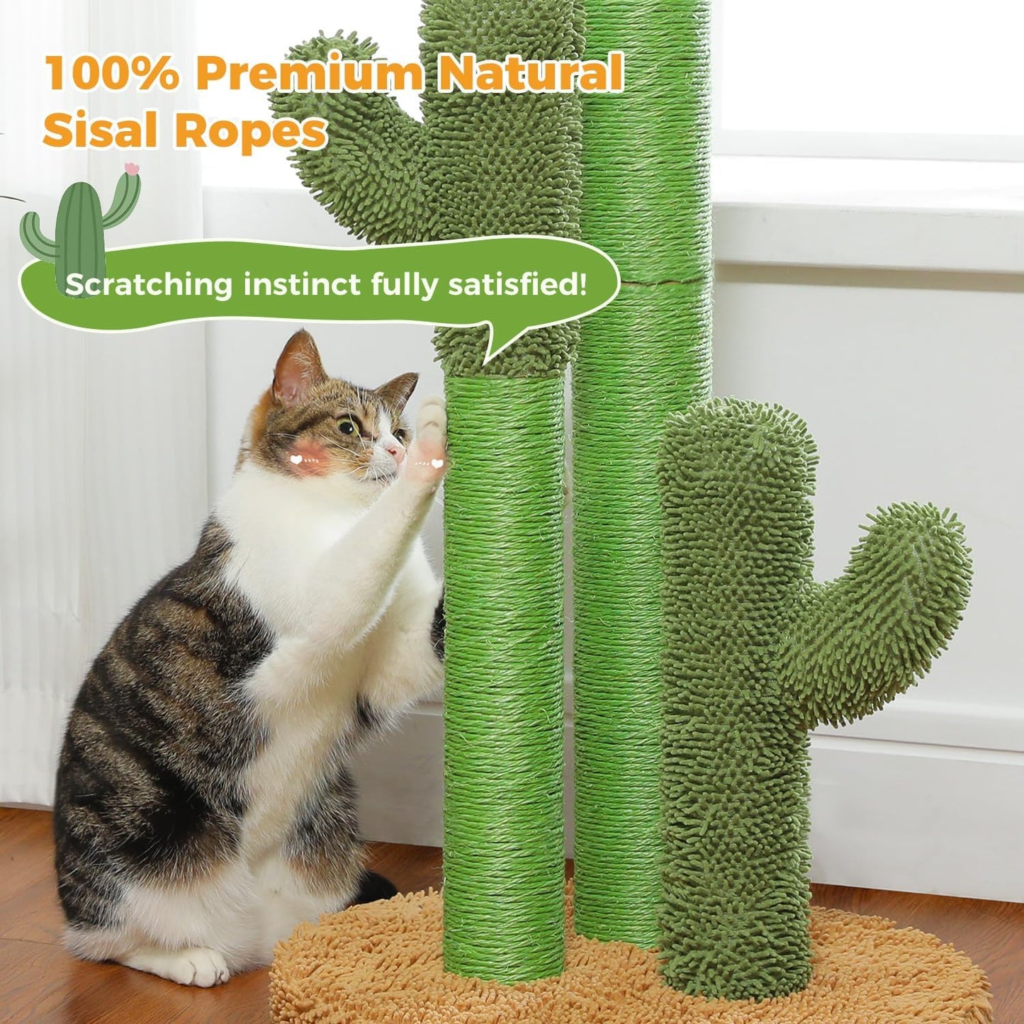Cactus Cat Scratching Post 35”Cat Scratcher with Toy Ball | Cactus Cat tree with 3 Sisal & Carpet Scratching Posts, Soft Carpet Base & Top, Interactive Ball for Adult and Indoor Cats