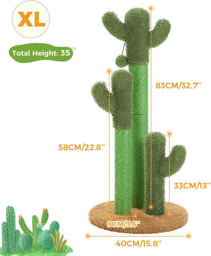 Cactus Cat Scratching Post 35”Cat Scratcher with Toy Ball | Cactus Cat tree with 3 Sisal & Carpet Scratching Posts, Soft Carpet Base & Top, Interactive Ball for Adult and Indoor Cats