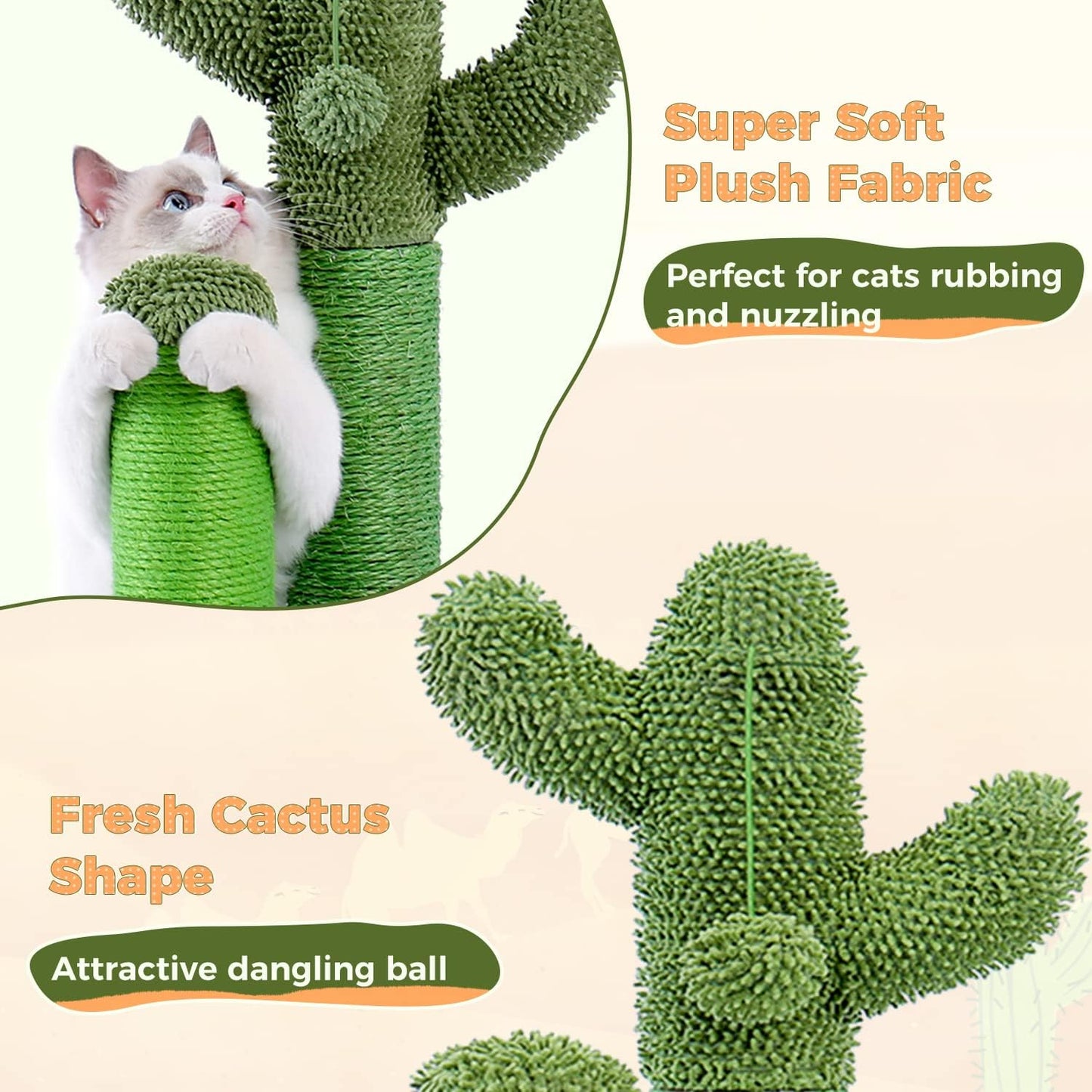 Cactus Cat Scratching Post 35”Cat Scratcher with Toy Ball | Cactus Cat tree with 3 Sisal & Carpet Scratching Posts, Soft Carpet Base & Top, Interactive Ball for Adult and Indoor Cats
