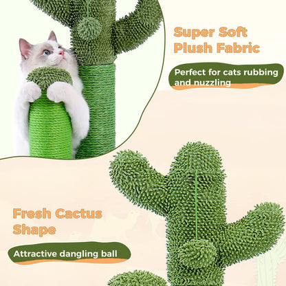 Cactus Cat Scratching Post 35”Cat Scratcher with Toy Ball | Cactus Cat tree with 3 Sisal & Carpet Scratching Posts, Soft Carpet Base & Top, Interactive Ball for Adult and Indoor Cats
