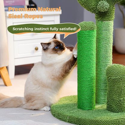 Cactus Cat Scratching Post 35”Cat Scratcher with Toy Ball | Cactus Cat tree with 3 Sisal & Carpet Scratching Posts, Soft Carpet Base & Top, Interactive Ball for Adult and Indoor Cats