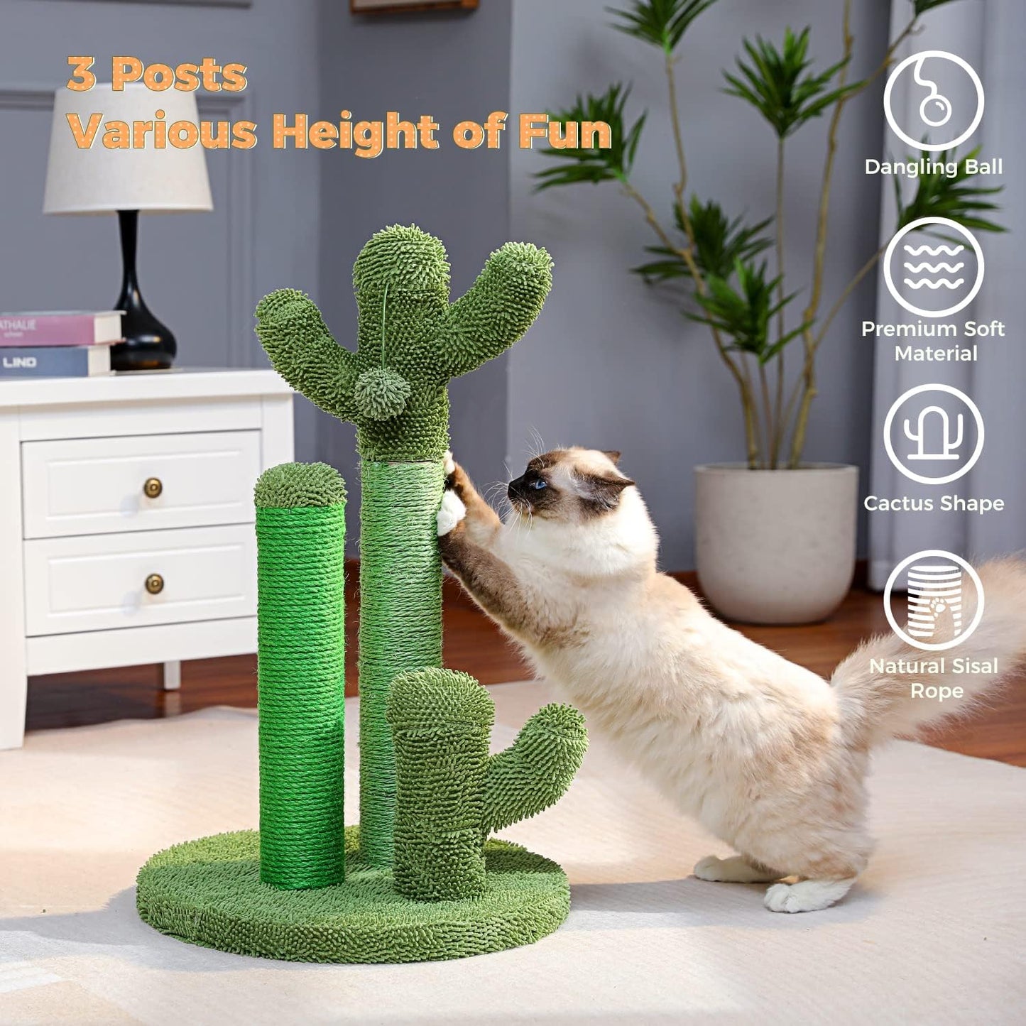 Cactus Cat Scratching Post 35”Cat Scratcher with Toy Ball | Cactus Cat tree with 3 Sisal & Carpet Scratching Posts, Soft Carpet Base & Top, Interactive Ball for Adult and Indoor Cats