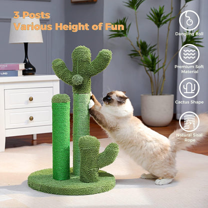 Cactus Cat Scratching Post 35”Cat Scratcher with Toy Ball | Cactus Cat tree with 3 Sisal & Carpet Scratching Posts, Soft Carpet Base & Top, Interactive Ball for Adult and Indoor Cats