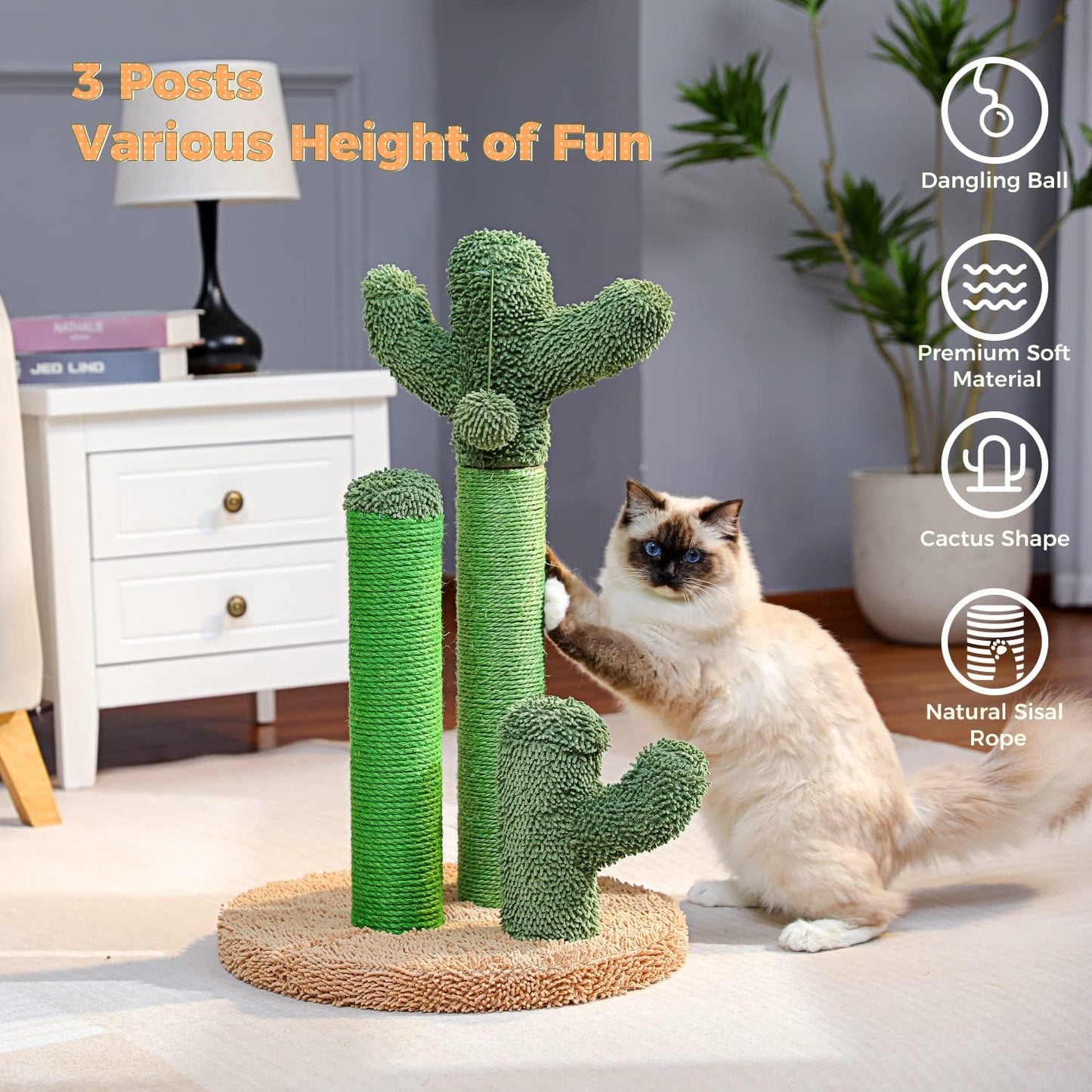 Cactus Cat Scratching Post 35”Cat Scratcher with Toy Ball | Cactus Cat tree with 3 Sisal & Carpet Scratching Posts, Soft Carpet Base & Top, Interactive Ball for Adult and Indoor Cats