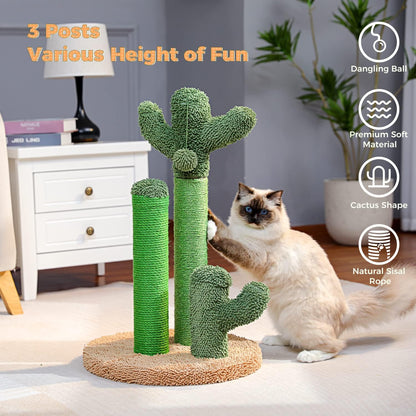 Cactus Cat Scratching Post 35”Cat Scratcher with Toy Ball | Cactus Cat tree with 3 Sisal & Carpet Scratching Posts, Soft Carpet Base & Top, Interactive Ball for Adult and Indoor Cats