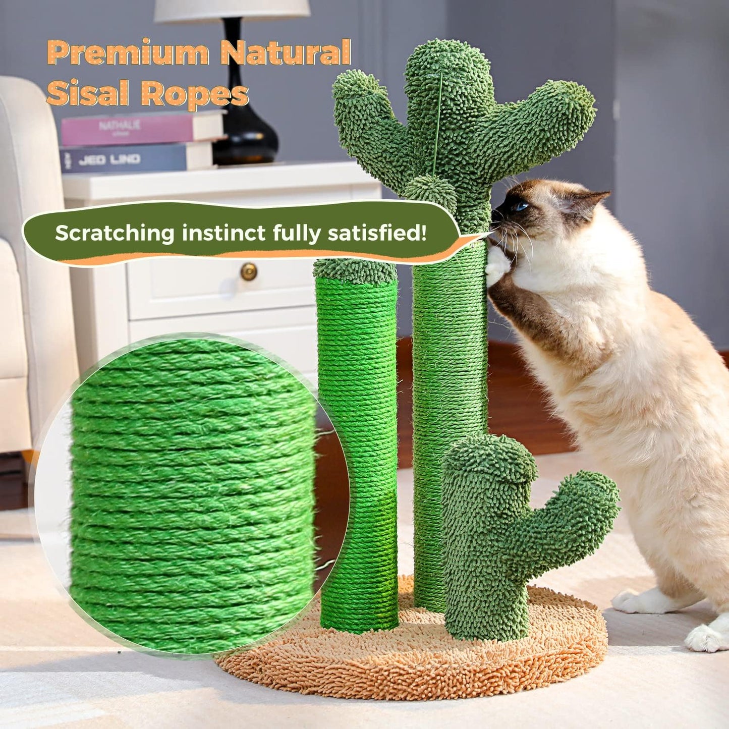 Cactus Cat Scratching Post 35”Cat Scratcher with Toy Ball | Cactus Cat tree with 3 Sisal & Carpet Scratching Posts, Soft Carpet Base & Top, Interactive Ball for Adult and Indoor Cats