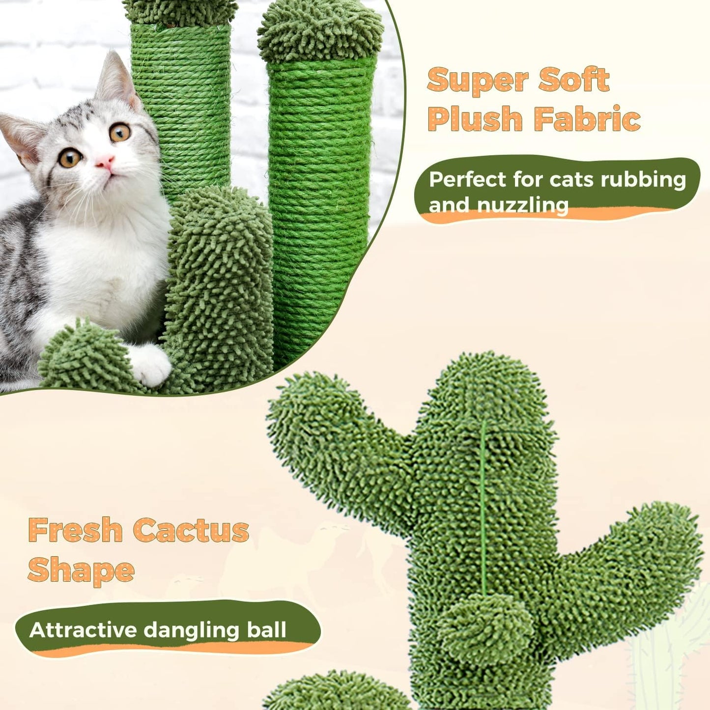 Cactus Cat Scratching Post 35”Cat Scratcher with Toy Ball | Cactus Cat tree with 3 Sisal & Carpet Scratching Posts, Soft Carpet Base & Top, Interactive Ball for Adult and Indoor Cats