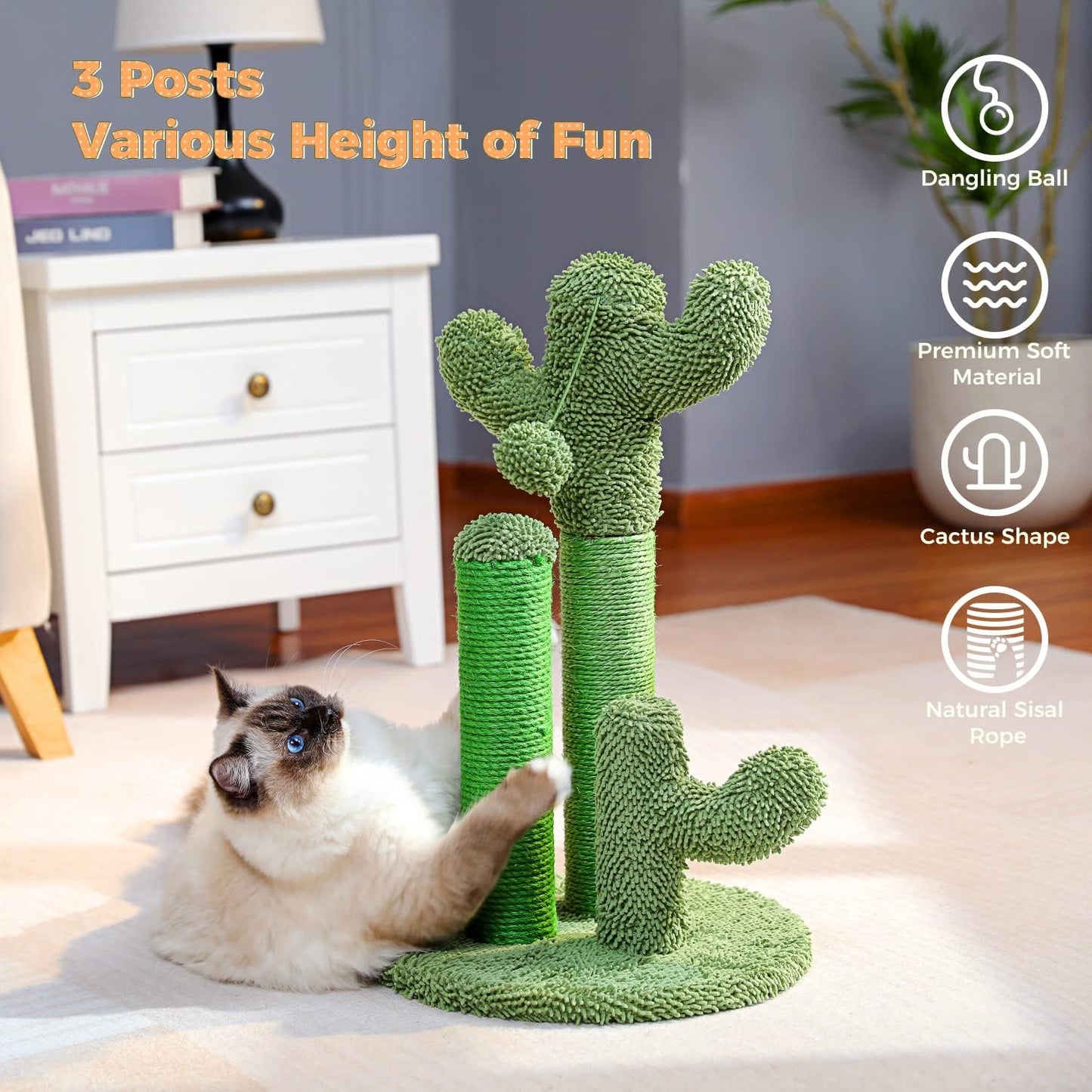 Cactus Cat Scratching Post 35”Cat Scratcher with Toy Ball | Cactus Cat tree with 3 Sisal & Carpet Scratching Posts, Soft Carpet Base & Top, Interactive Ball for Adult and Indoor Cats