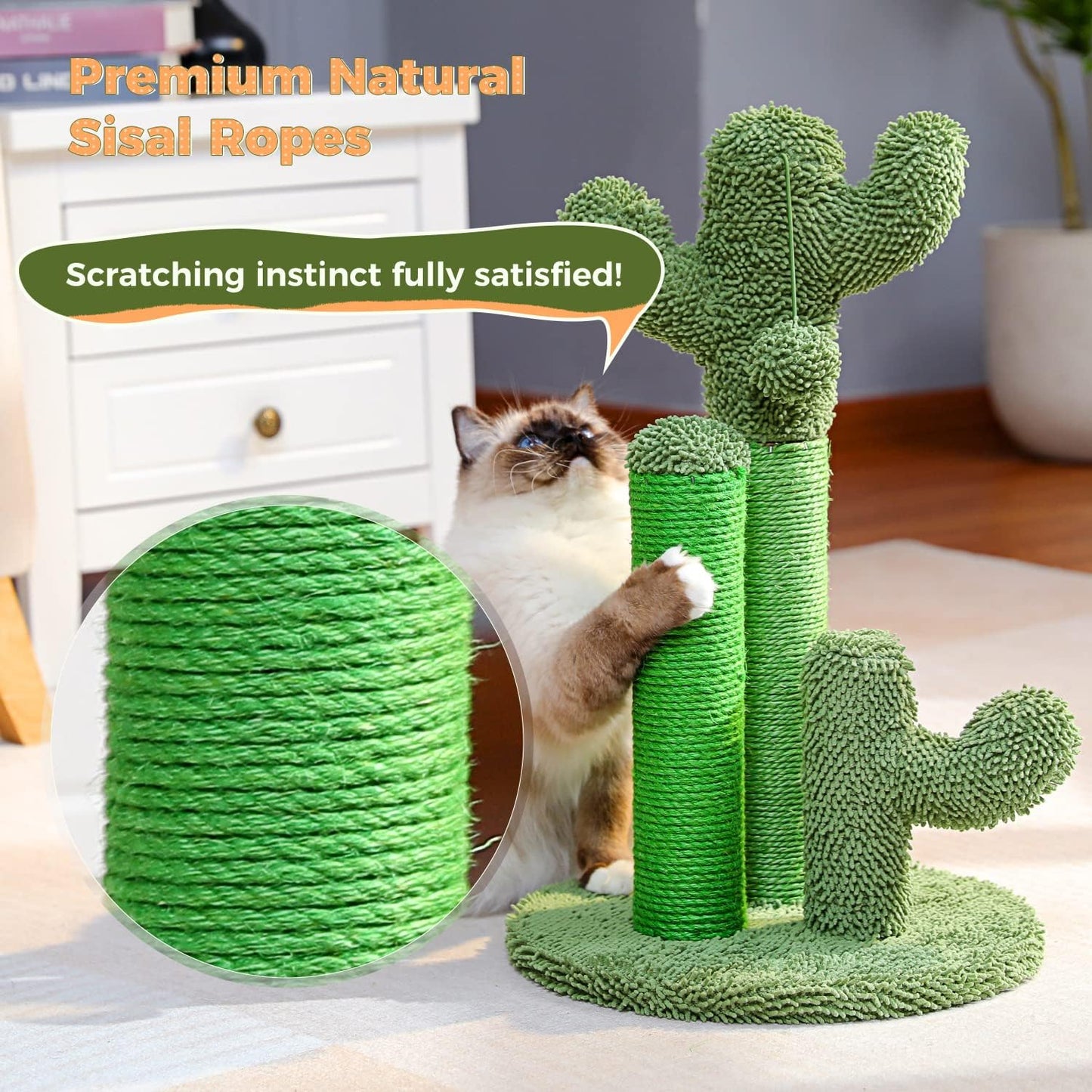 Cactus Cat Scratching Post 35”Cat Scratcher with Toy Ball | Cactus Cat tree with 3 Sisal & Carpet Scratching Posts, Soft Carpet Base & Top, Interactive Ball for Adult and Indoor Cats