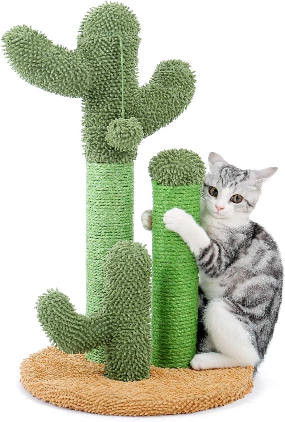 Cactus Cat Scratching Post 35”Cat Scratcher with Toy Ball | Cactus Cat tree with 3 Sisal & Carpet Scratching Posts, Soft Carpet Base & Top, Interactive Ball for Adult and Indoor Cats