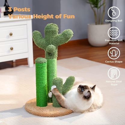 Cactus Cat Scratching Post 35”Cat Scratcher with Toy Ball | Cactus Cat tree with 3 Sisal & Carpet Scratching Posts, Soft Carpet Base & Top, Interactive Ball for Adult and Indoor Cats