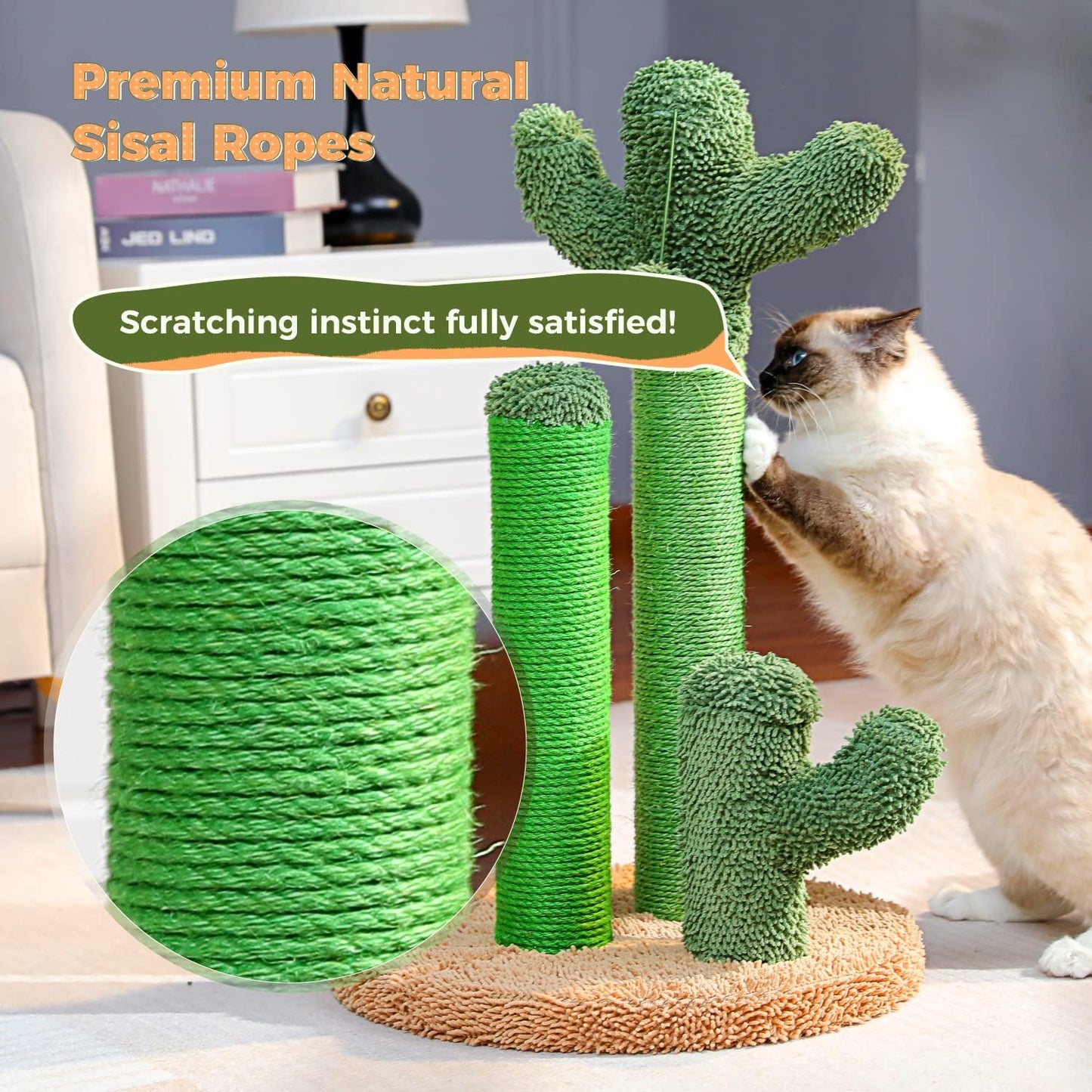 Cactus Cat Scratching Post 35”Cat Scratcher with Toy Ball | Cactus Cat tree with 3 Sisal & Carpet Scratching Posts, Soft Carpet Base & Top, Interactive Ball for Adult and Indoor Cats