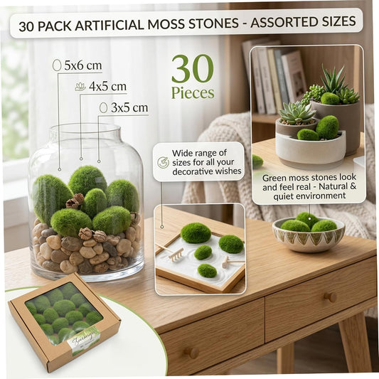 Moss Balls 30 Pack Artificial Moss Balls, Faux Decor for Fish Tank, Terrarium, Home & Garden Decoration, Set of 3 Sizes (3x4cm, 4x5cm, 5x6cm)