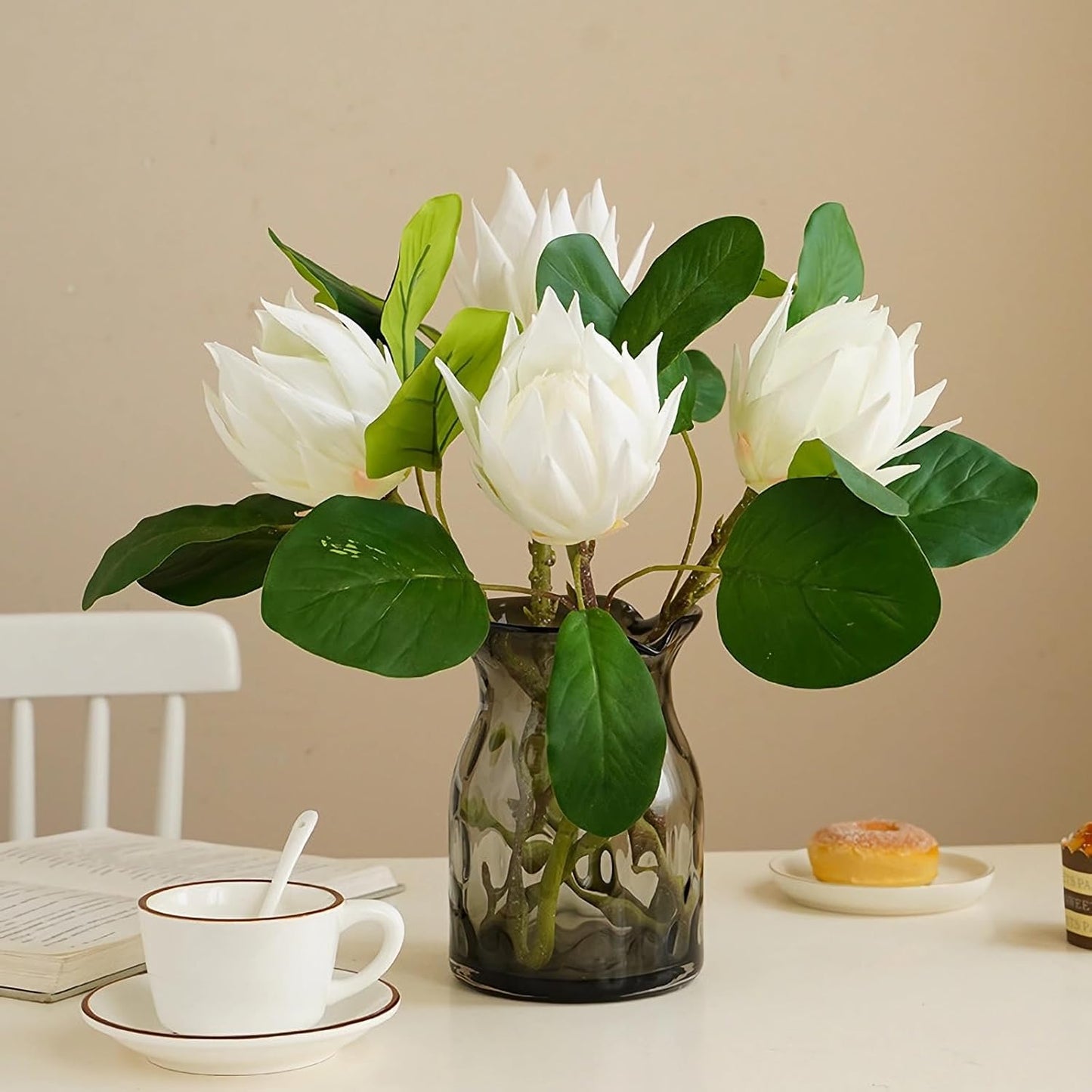 2pcs Artificial King Protea Flowers 20" Fake Tropical White Protea Cynaroides for Vase Bouquets Floral Arrangement Home Office Wedding Decoration.(White)