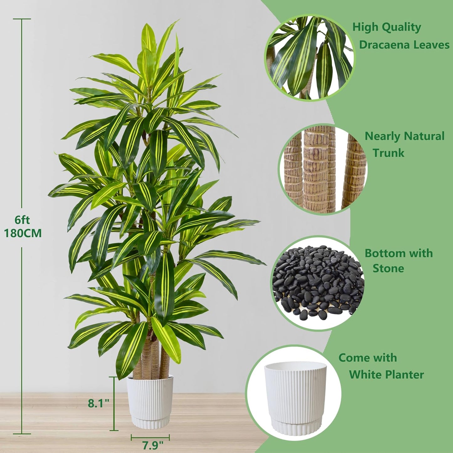 Artificial Bamboo Tree, 6ft Tall Fake Bamboo Plant with White Planter, Faux Trees with 5 Trunks and Lifelike Leaves for Indoor Outdoor Home Office Décor