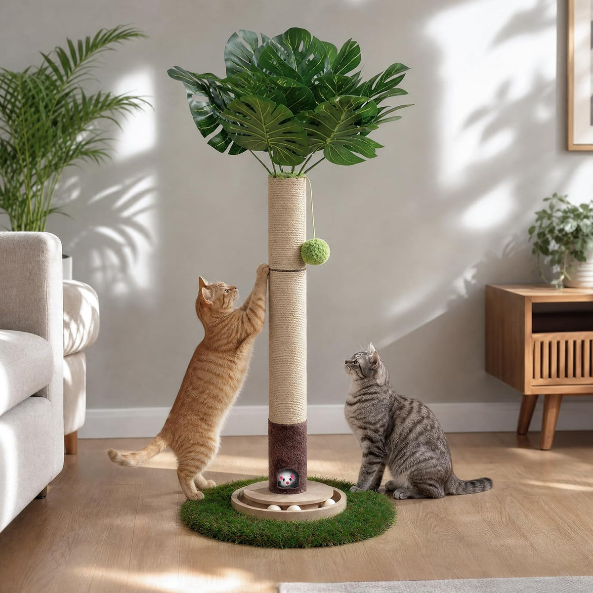 43" Cat Scratching Post, Natural Sisal Rope Cat Scratcher Tree, Cat Scratcher Post with Hanging Ball, Heavy-Duty Grass Turf Base with Mouse Hole & Ball Track for Kitten & Adult Cats