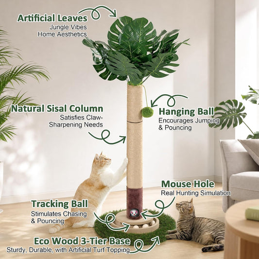 43" Cat Scratching Post, Natural Sisal Rope Cat Scratcher Tree, Cat Scratcher Post with Hanging Ball, Heavy-Duty Grass Turf Base with Mouse Hole & Ball Track for Kitten & Adult Cats