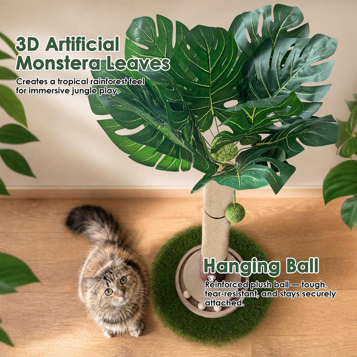 43" Cat Scratching Post, Natural Sisal Rope Cat Scratcher Tree, Cat Scratcher Post with Hanging Ball, Heavy-Duty Grass Turf Base with Mouse Hole & Ball Track for Kitten & Adult Cats