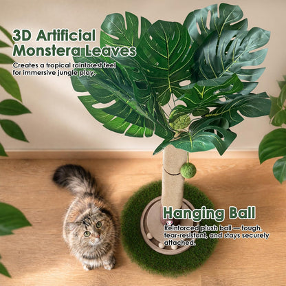 43" Cat Scratching Post, Natural Sisal Rope Cat Scratcher Tree, Cat Scratcher Post with Hanging Ball, Heavy-Duty Grass Turf Base with Mouse Hole & Ball Track for Kitten & Adult Cats