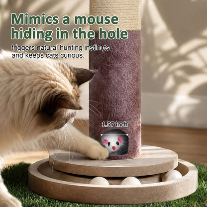 43" Cat Scratching Post, Natural Sisal Rope Cat Scratcher Tree, Cat Scratcher Post with Hanging Ball, Heavy-Duty Grass Turf Base with Mouse Hole & Ball Track for Kitten & Adult Cats