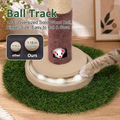 43" Cat Scratching Post, Natural Sisal Rope Cat Scratcher Tree, Cat Scratcher Post with Hanging Ball, Heavy-Duty Grass Turf Base with Mouse Hole & Ball Track for Kitten & Adult Cats