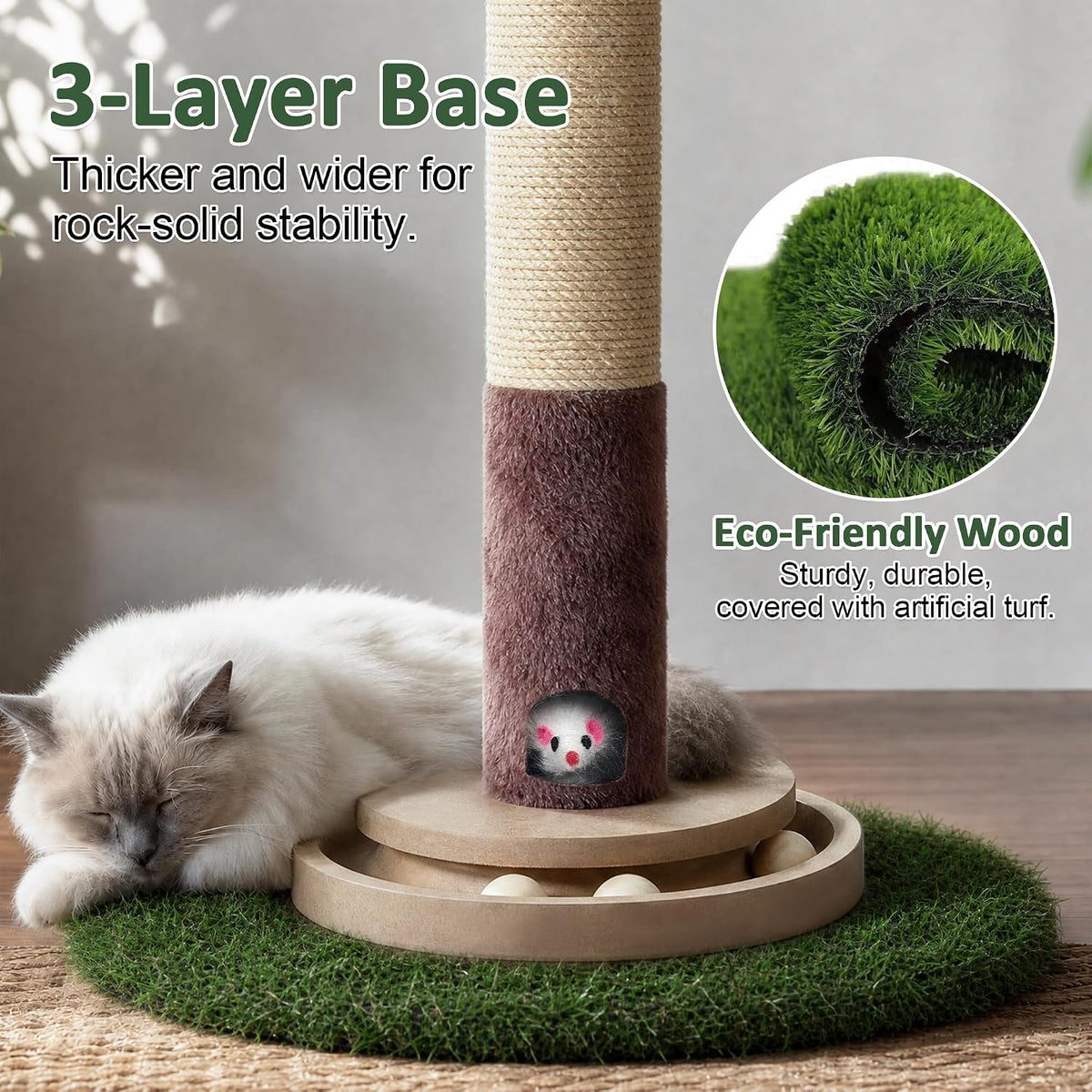 43" Cat Scratching Post, Natural Sisal Rope Cat Scratcher Tree, Cat Scratcher Post with Hanging Ball, Heavy-Duty Grass Turf Base with Mouse Hole & Ball Track for Kitten & Adult Cats