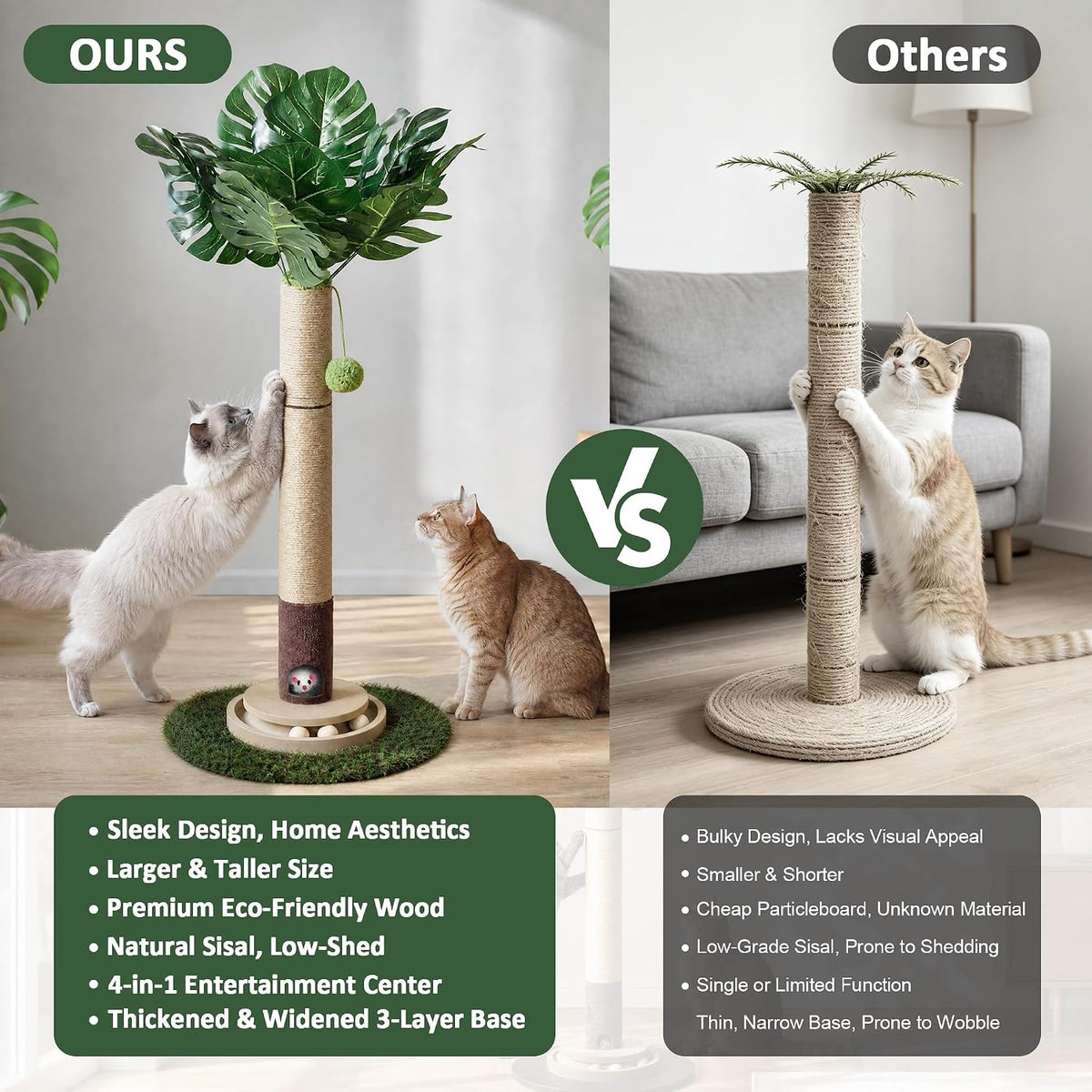 43" Cat Scratching Post, Natural Sisal Rope Cat Scratcher Tree, Cat Scratcher Post with Hanging Ball, Heavy-Duty Grass Turf Base with Mouse Hole & Ball Track for Kitten & Adult Cats