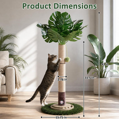 43" Cat Scratching Post, Natural Sisal Rope Cat Scratcher Tree, Cat Scratcher Post with Hanging Ball, Heavy-Duty Grass Turf Base with Mouse Hole & Ball Track for Kitten & Adult Cats