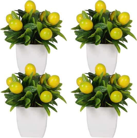4pcs Artificial Lemon Plants Fake Fruit Potted Plant 6inches Fake Lemons Tree with Small Pot Mini Fake Plant for Indoor Outdoor Home Bathroom Decor