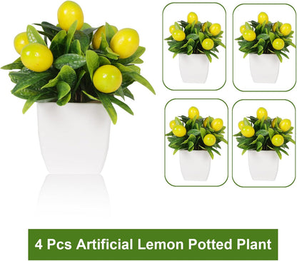 4pcs Artificial Lemon Plants Fake Fruit Potted Plant 6inches Fake Lemons Tree with Small Pot Mini Fake Plant for Indoor Outdoor Home Bathroom Decor