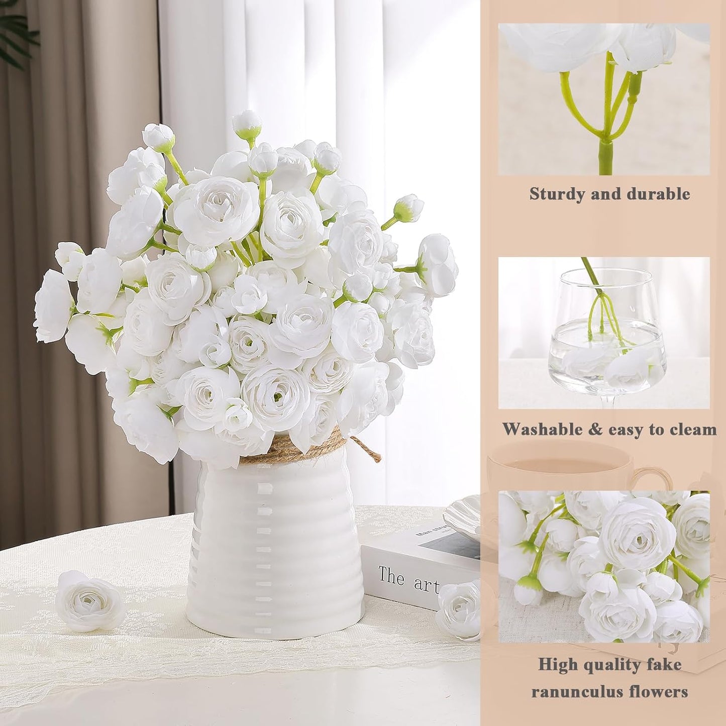 Mini Ranunculus Artificial Flowers Bouquet 20 PCS Creamy | Small Silk Faux Ranunculus,Easy Clean Lifelike flower for Wedding Bridal Baby Shower Centerpieces Arrangements Vase DIY